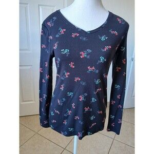 Croft‎ & Barrow Top Women XS Black Floral Classic T-Shirt V-Neck Long Sleeve